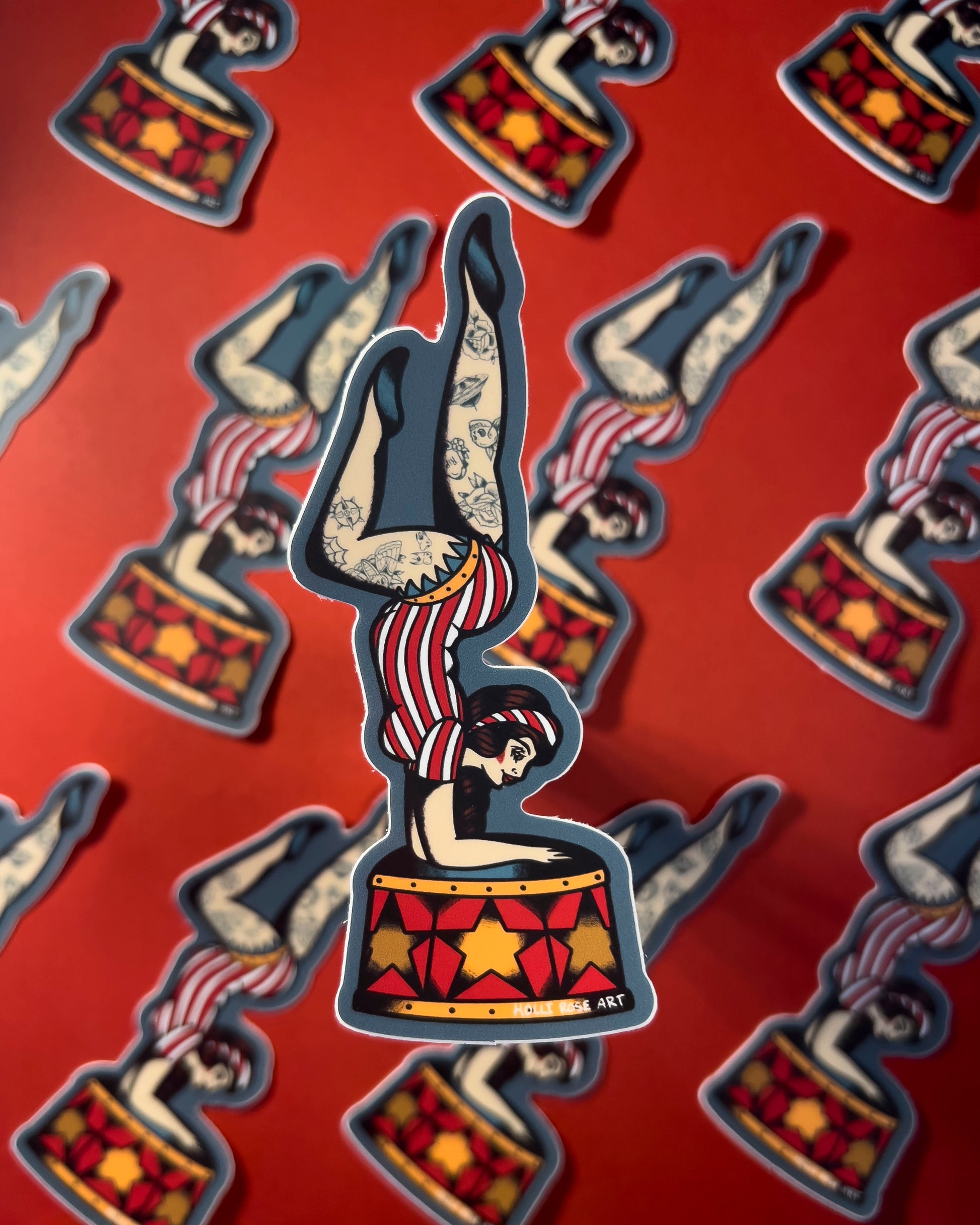 acrobat girl upside down with tattoos on her legs sticker 