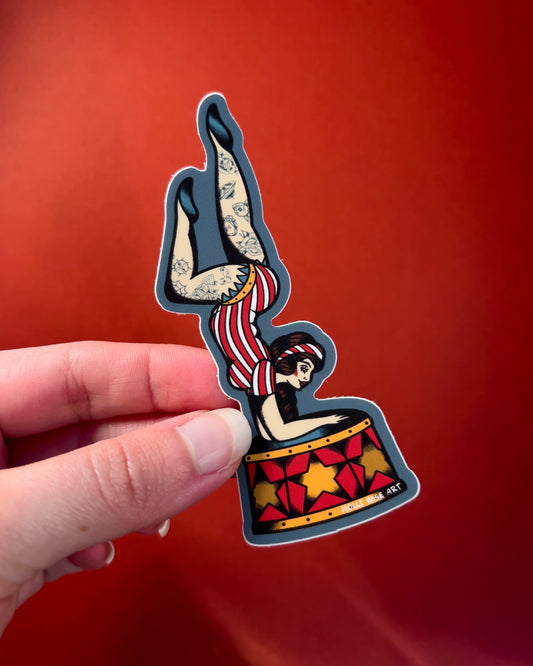 acrobat girl upside down with tattoos on her legs sticker 
