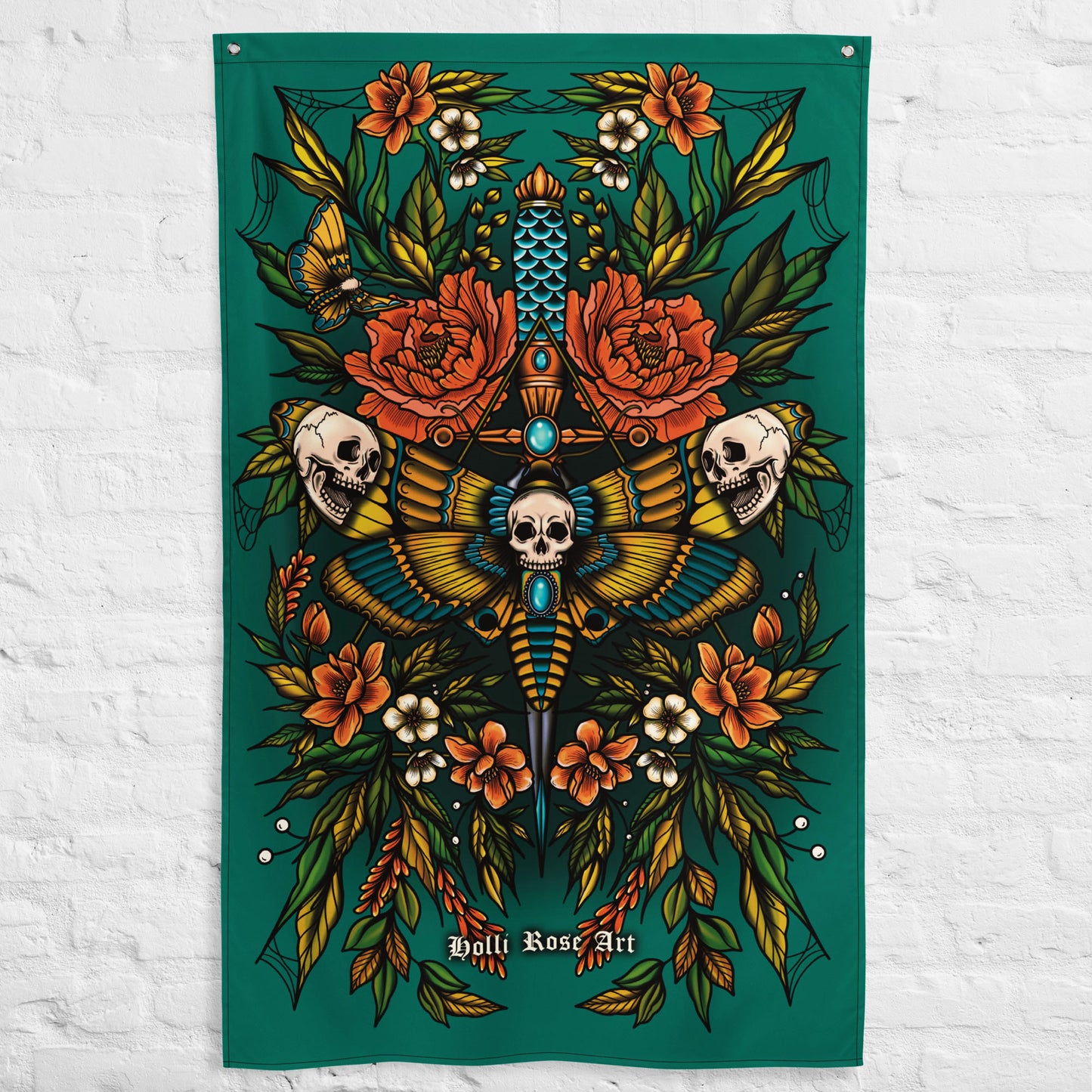 Decorative banner with floral and skull  moth design on a teal background, featuring the brand 'Holli Rose Art'.