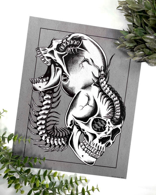 2 skulls combined with a centipede going through it print