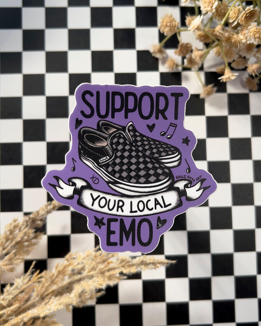 a sticker saying support your local emo with a pair of vans shoes