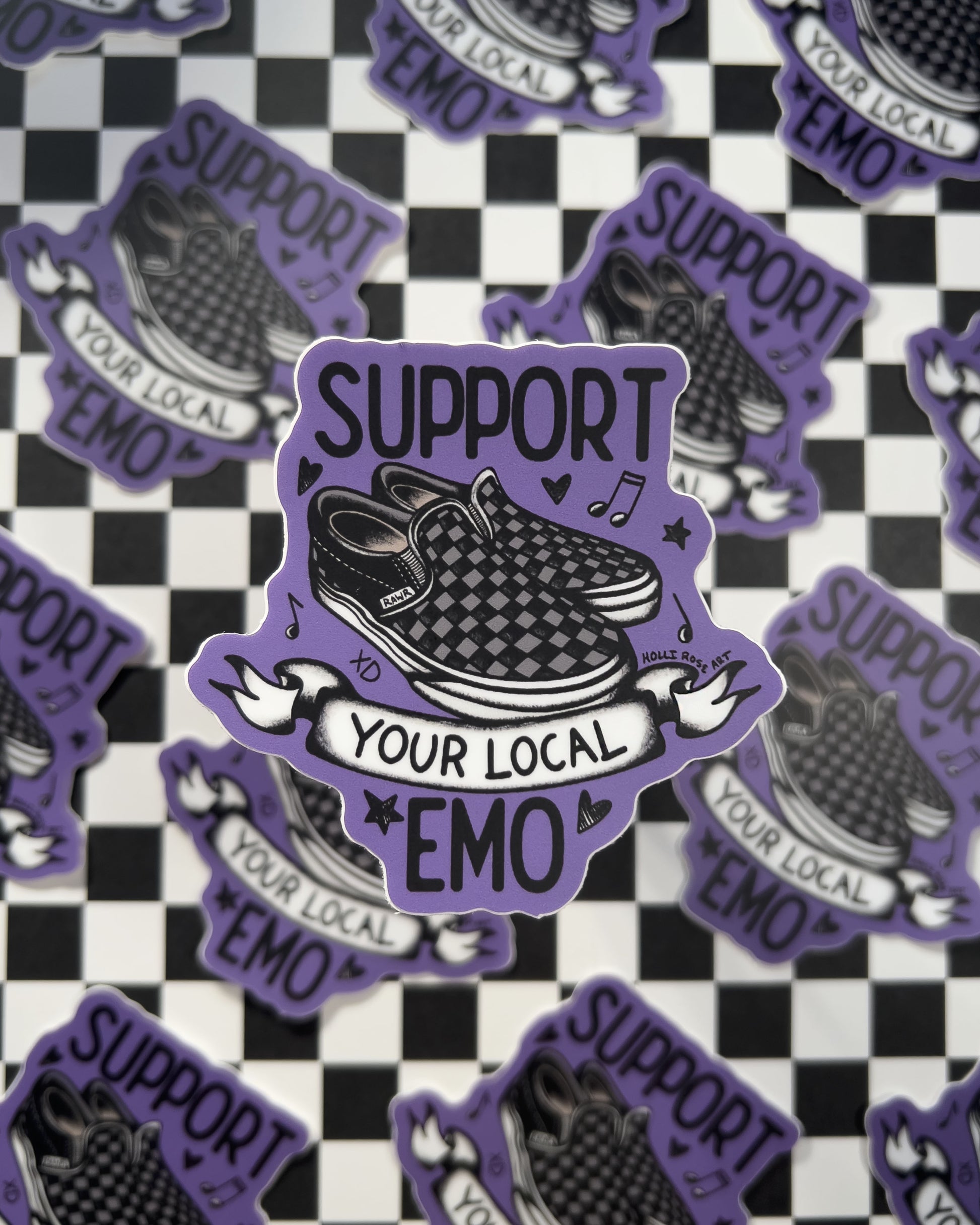 a sticker saying support your local emo with a pair of vans shoes