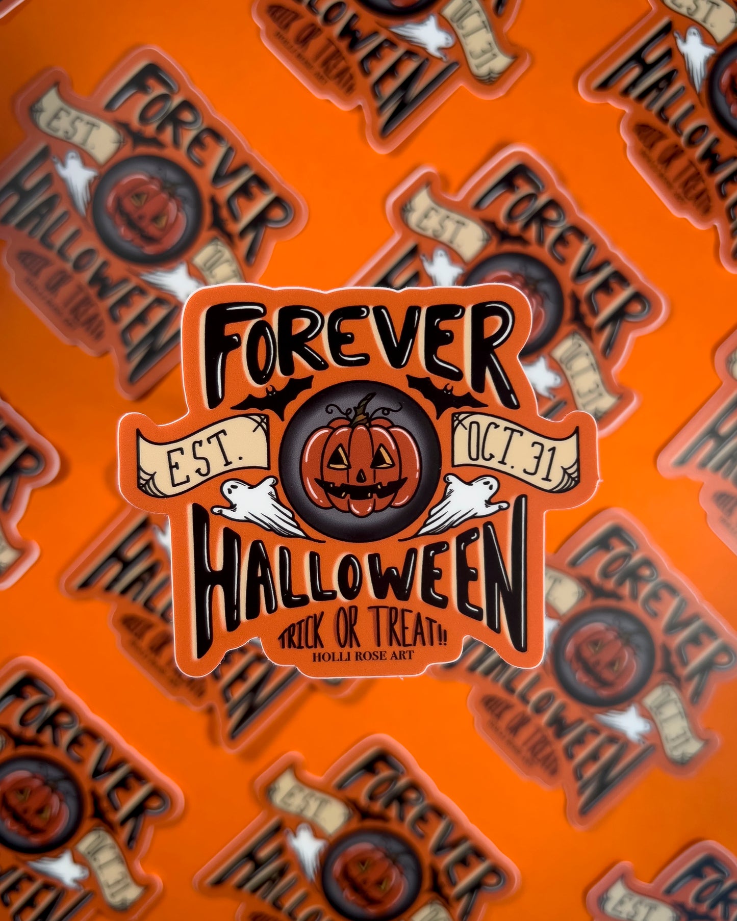 Halloween-themed design with pumpkins and text on an orange background