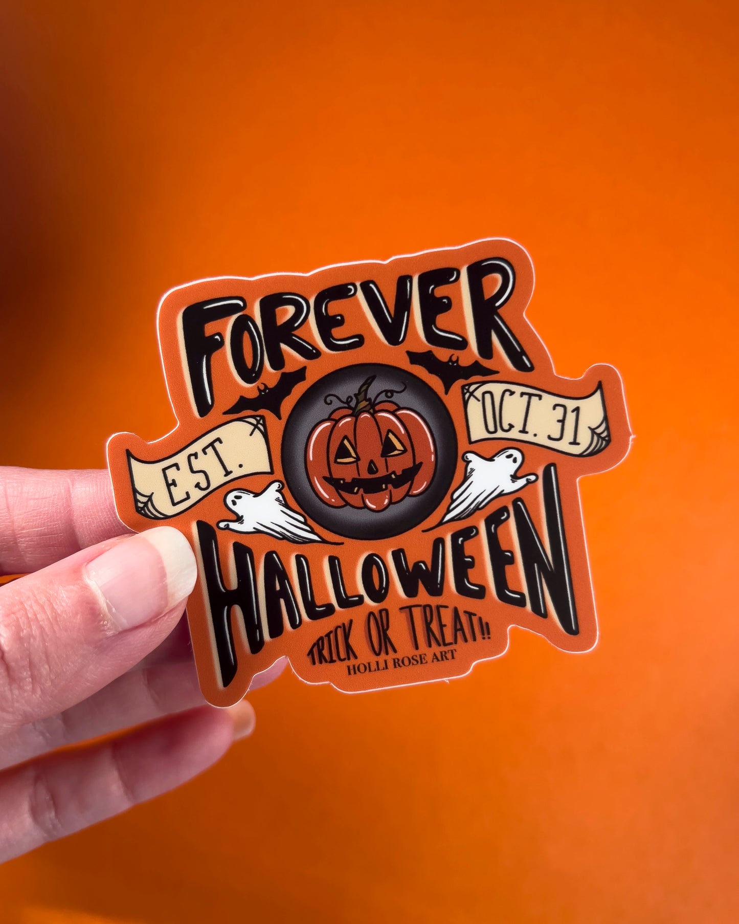 Halloween-themed sticker with a pumpkin and text on an orange background
