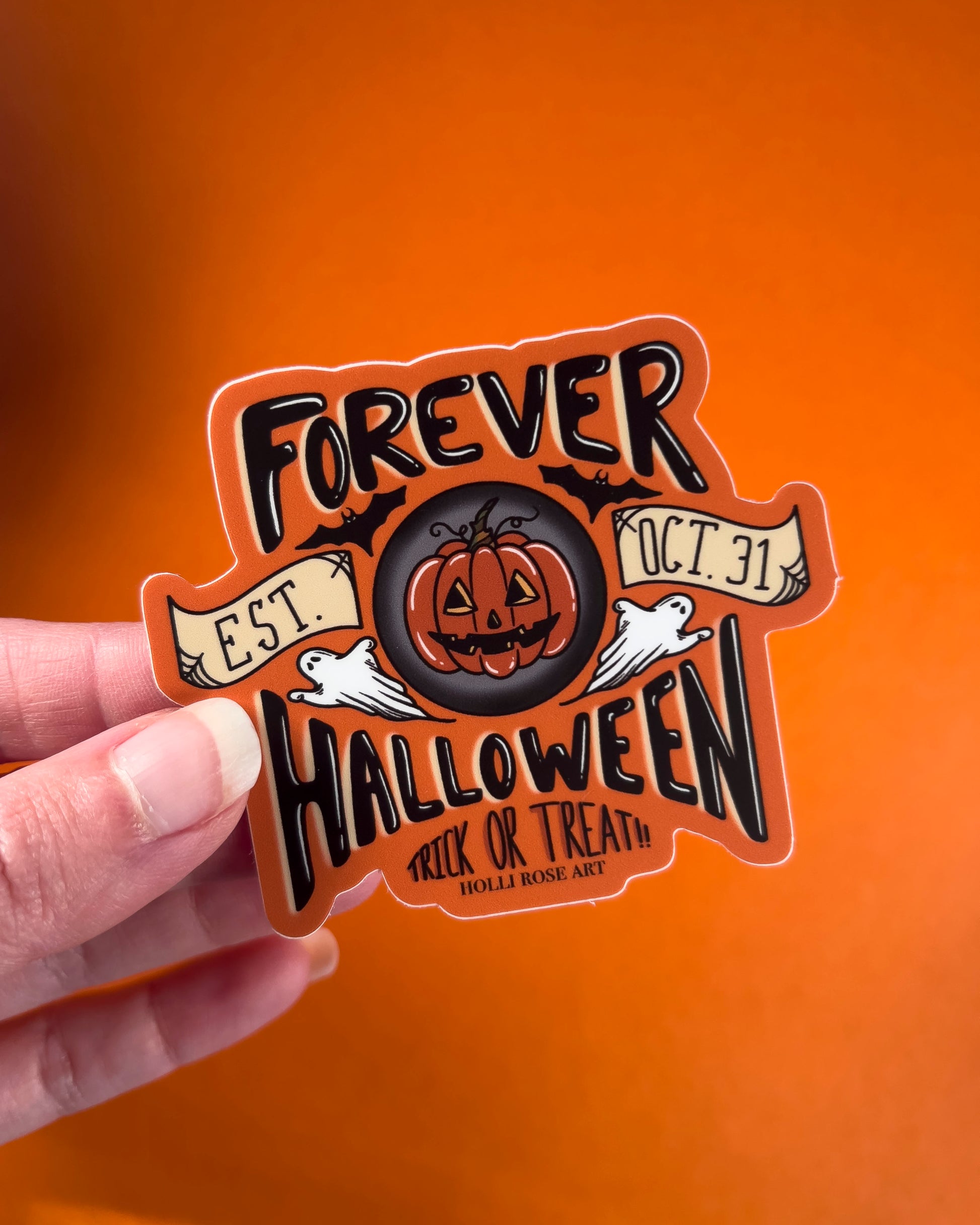 Halloween-themed sticker with a pumpkin and text on an orange background