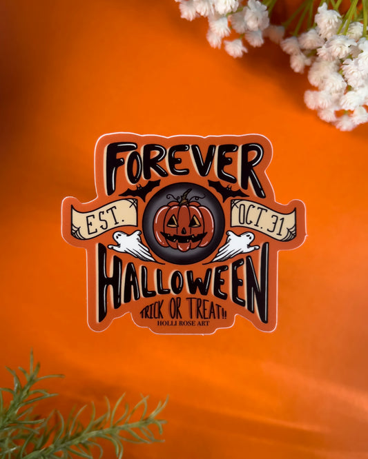 Halloween-themed sticker with pumpkin and text on an orange background
