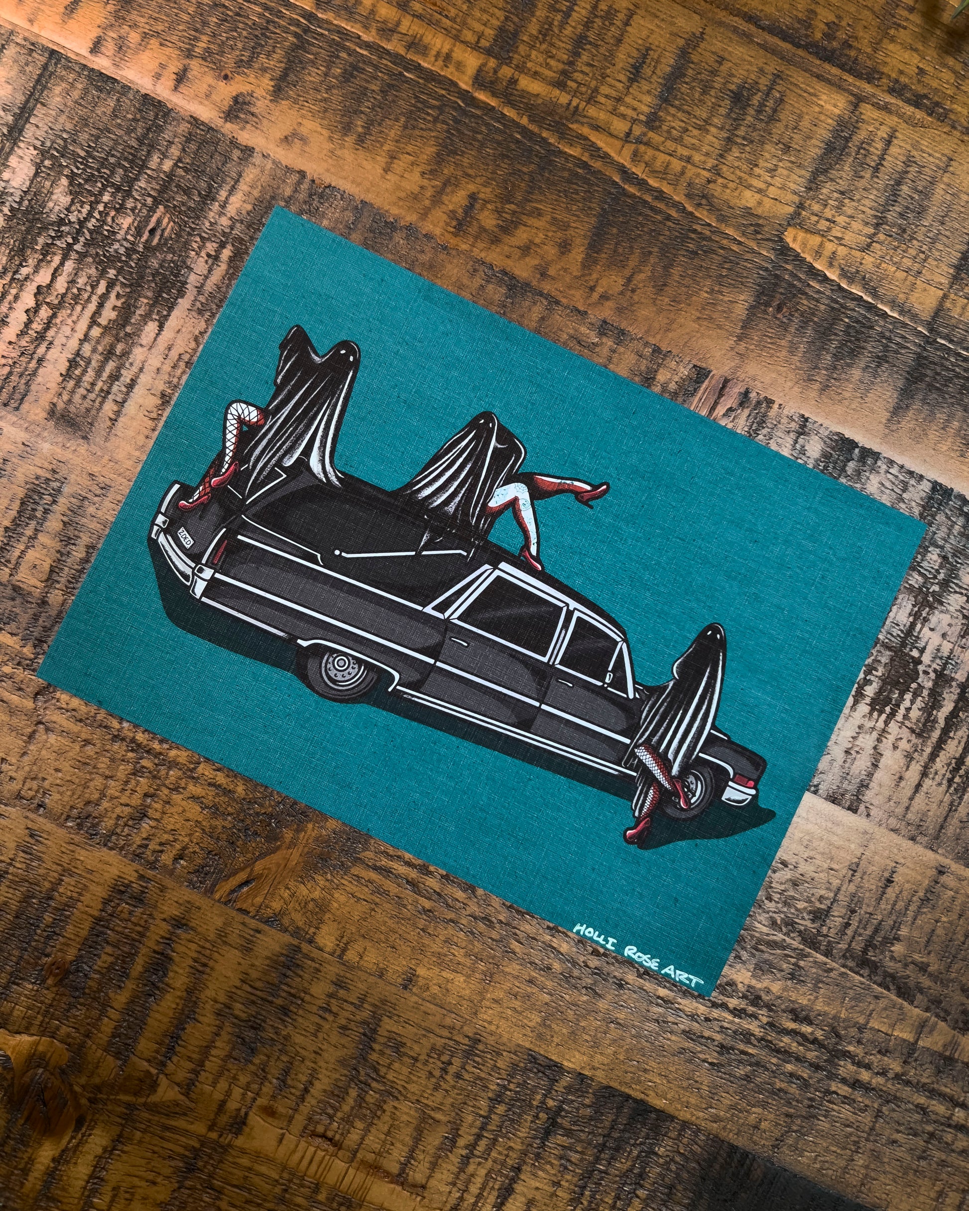 hearse with 3 pinup ghosts art print