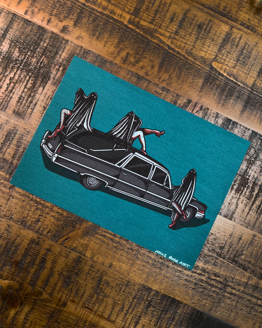 hearse with 3 pinup ghosts art print