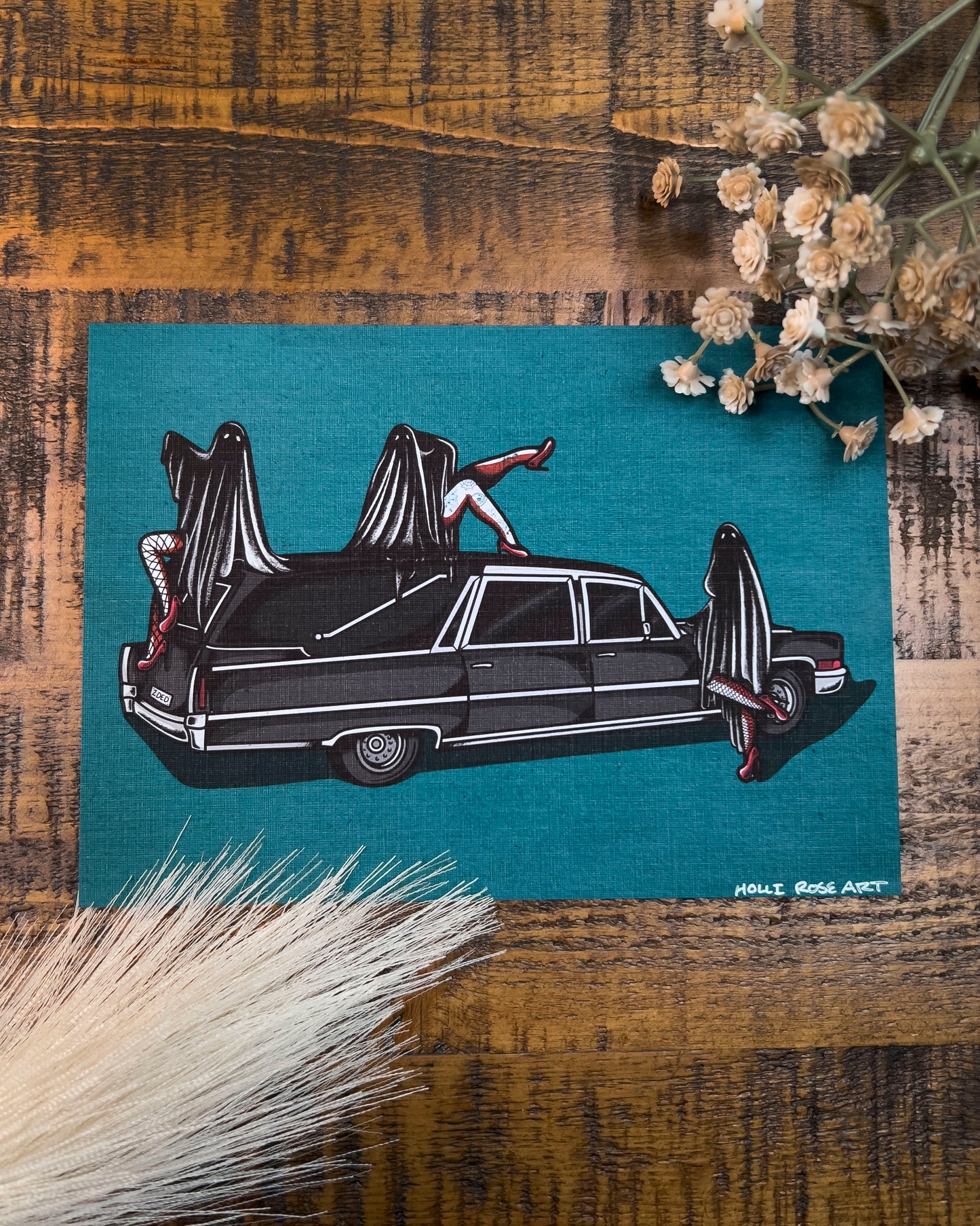 hearse with 3 pinup ghosts art print