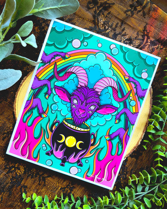 Colorful illustration of a goat with rainbow horns on a teal background