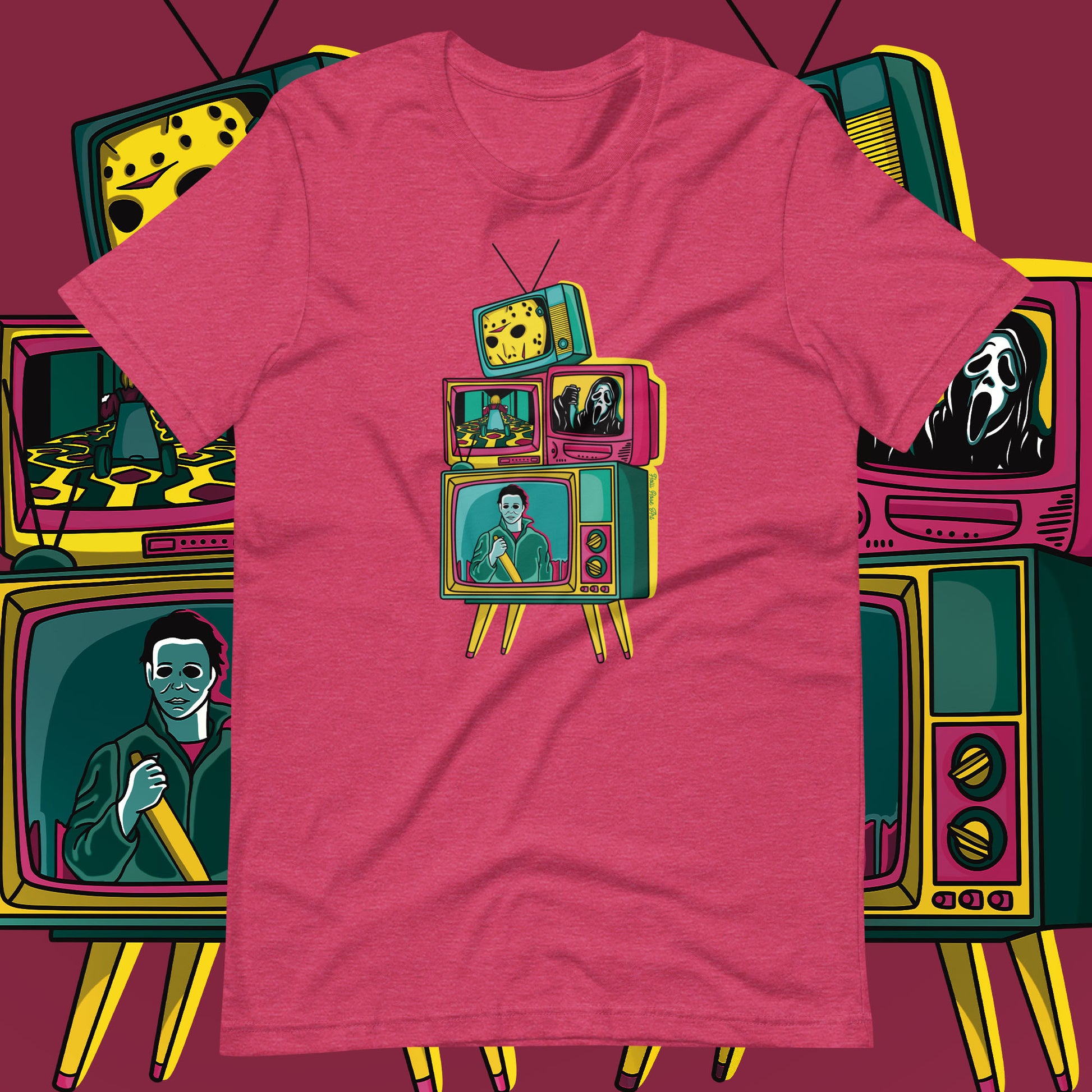 A heather raspberry colored t-shirt with a graphic print of multiple vintage television sets displaying various classic horror movie scenes.