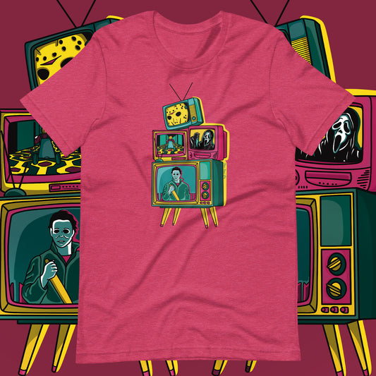 A heather raspberry colored t-shirt with a graphic print of multiple vintage television sets displaying various classic horror movie scenes.