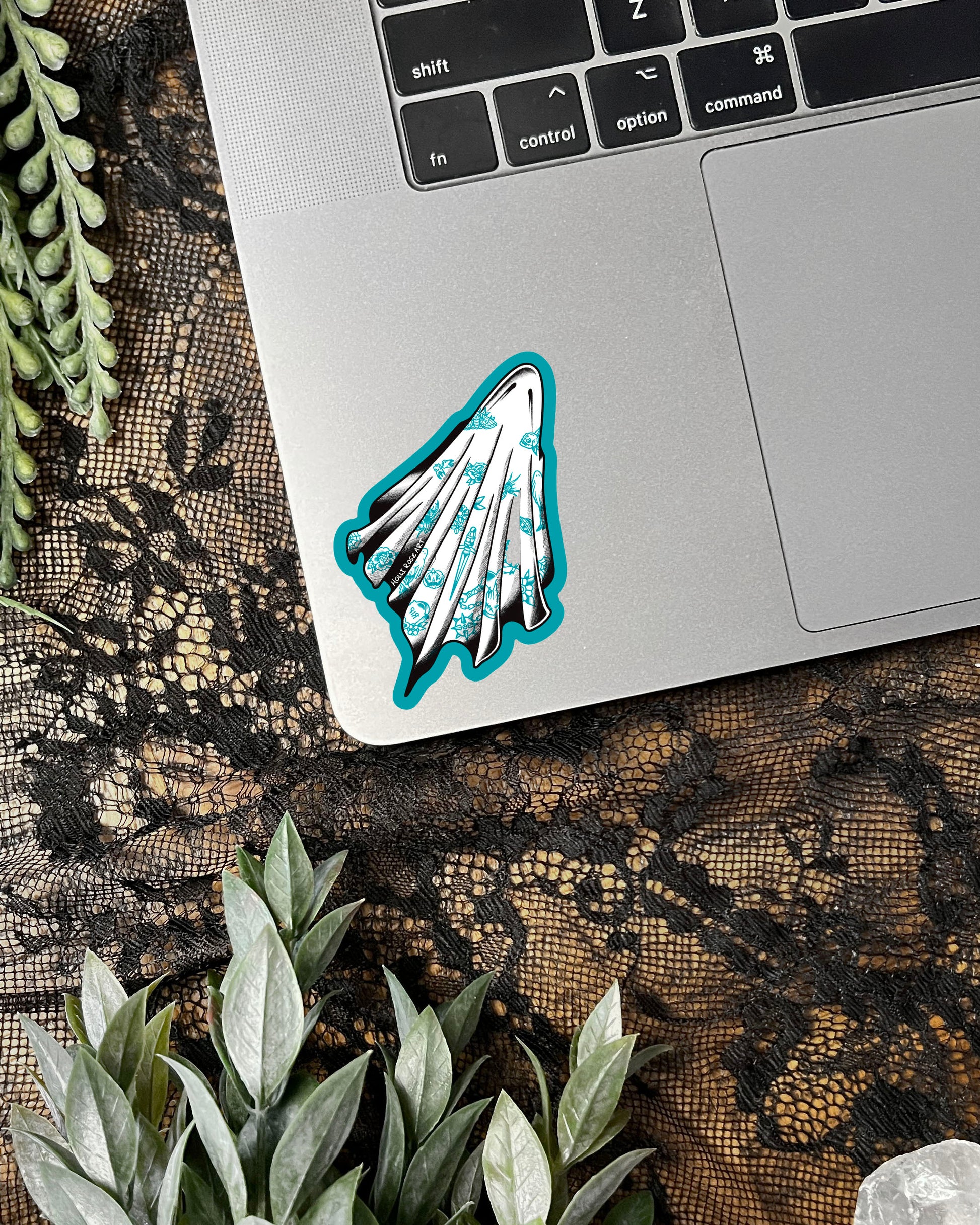 sheet ghost sticker with blue tattoos