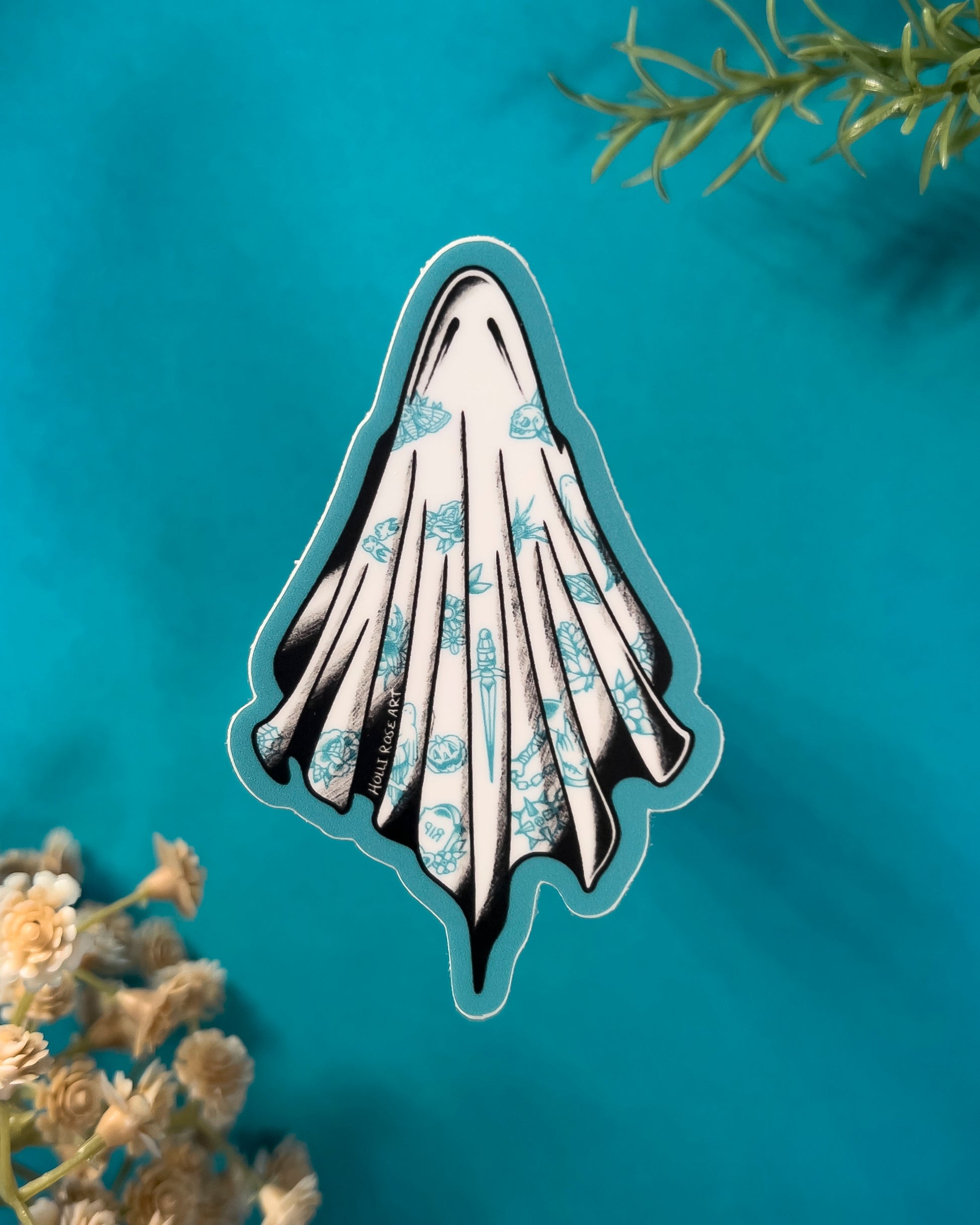 sheet ghost sticker with blue tattoos