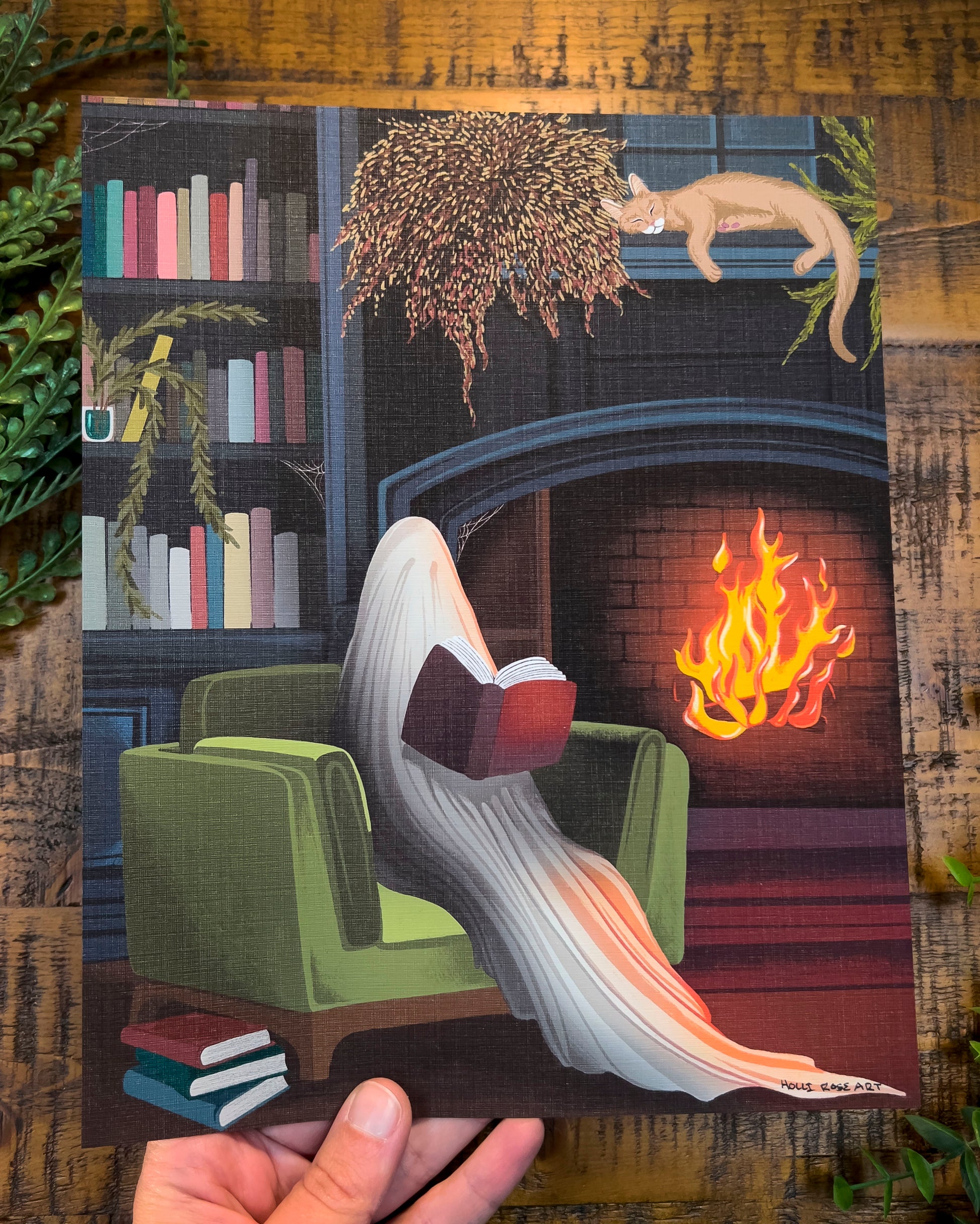 a ghost in a library art print 