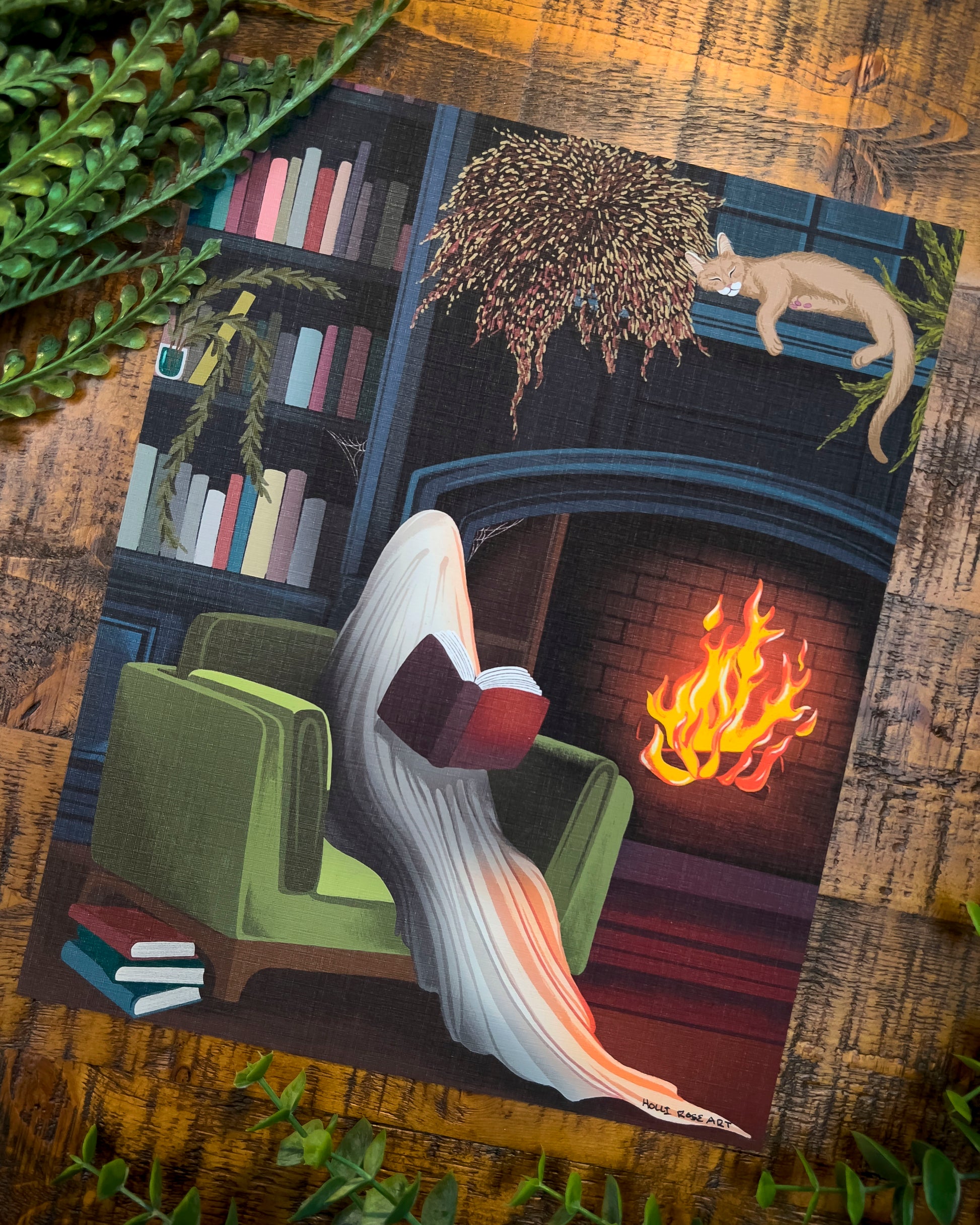 a ghost in a library art print 