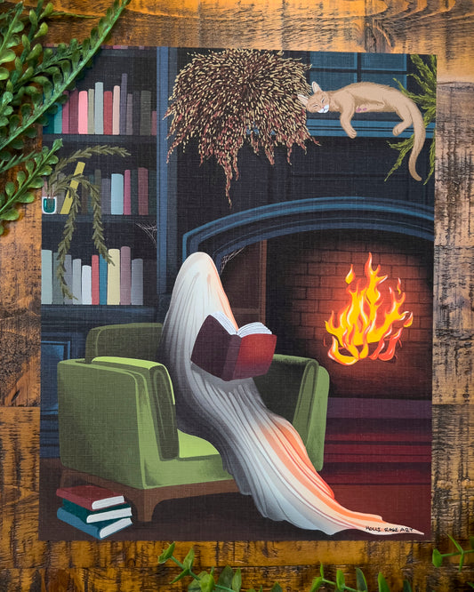 a ghost in a library art print 