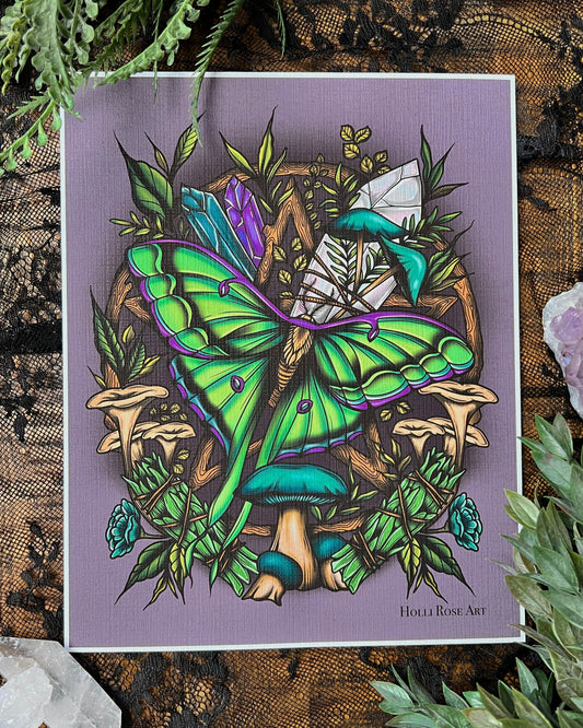 green moth on a purple background with witchy vibes 