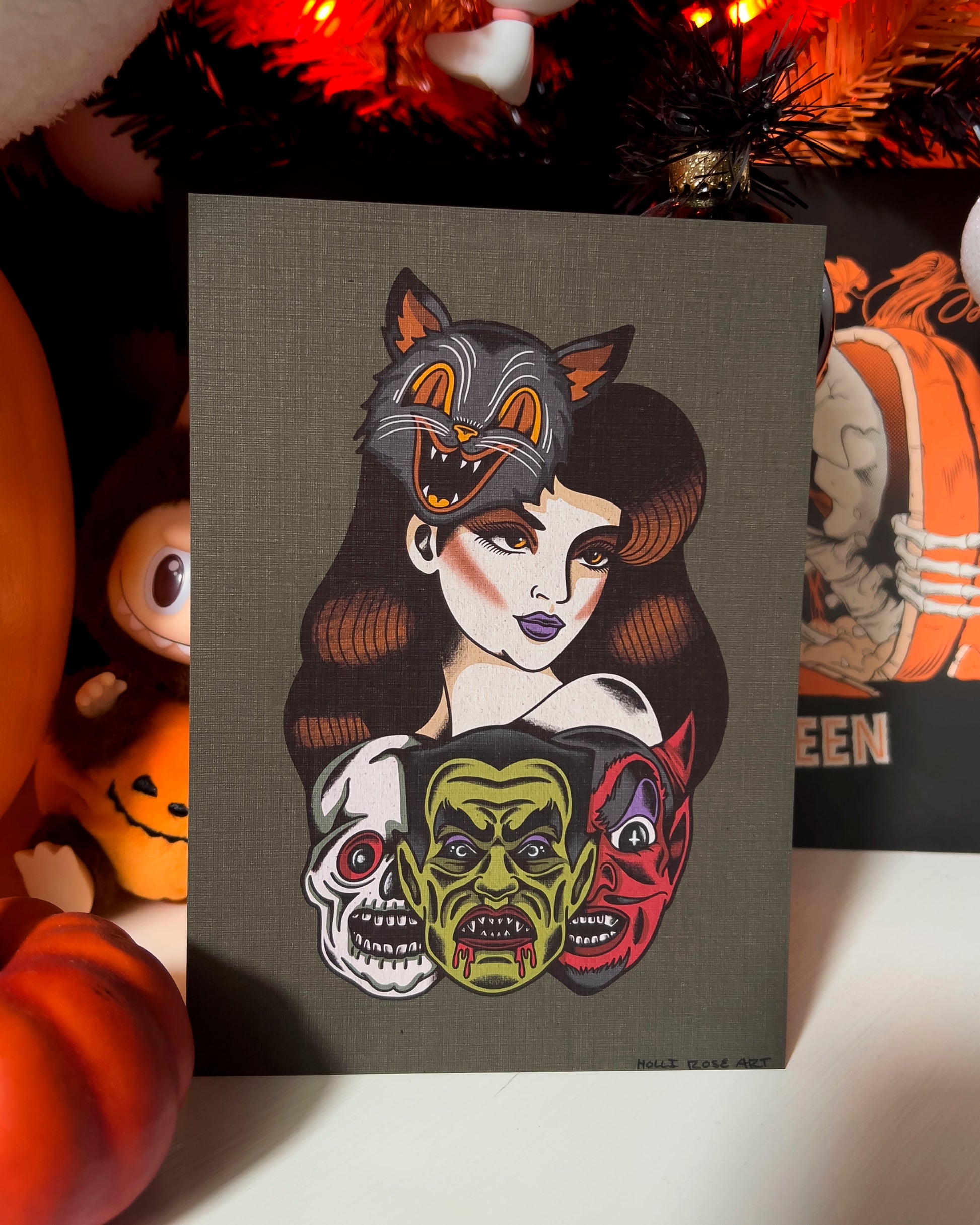 a girl with halloween masks print