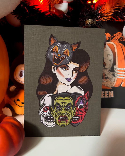 a girl with halloween masks print
