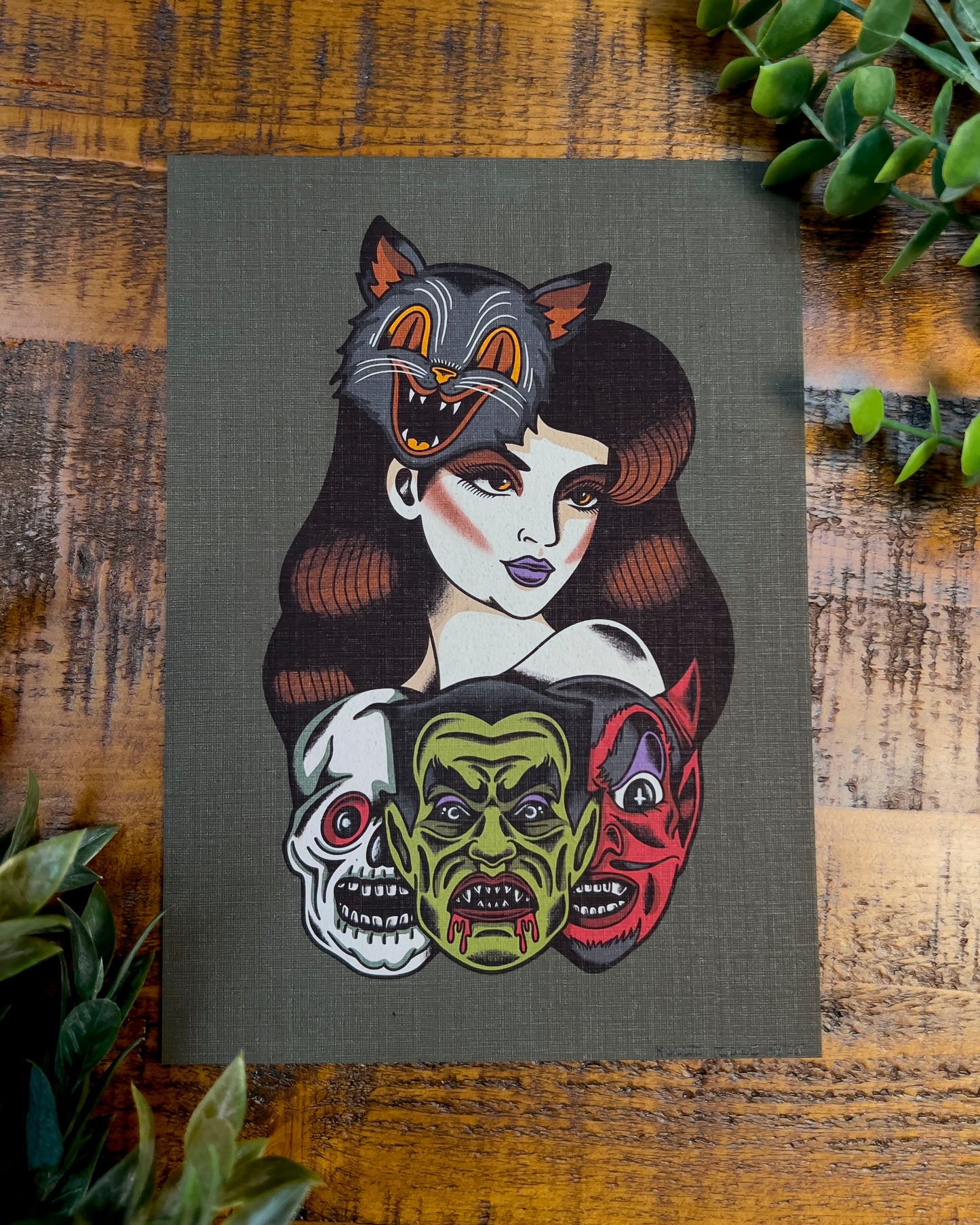 a girl with halloween masks print