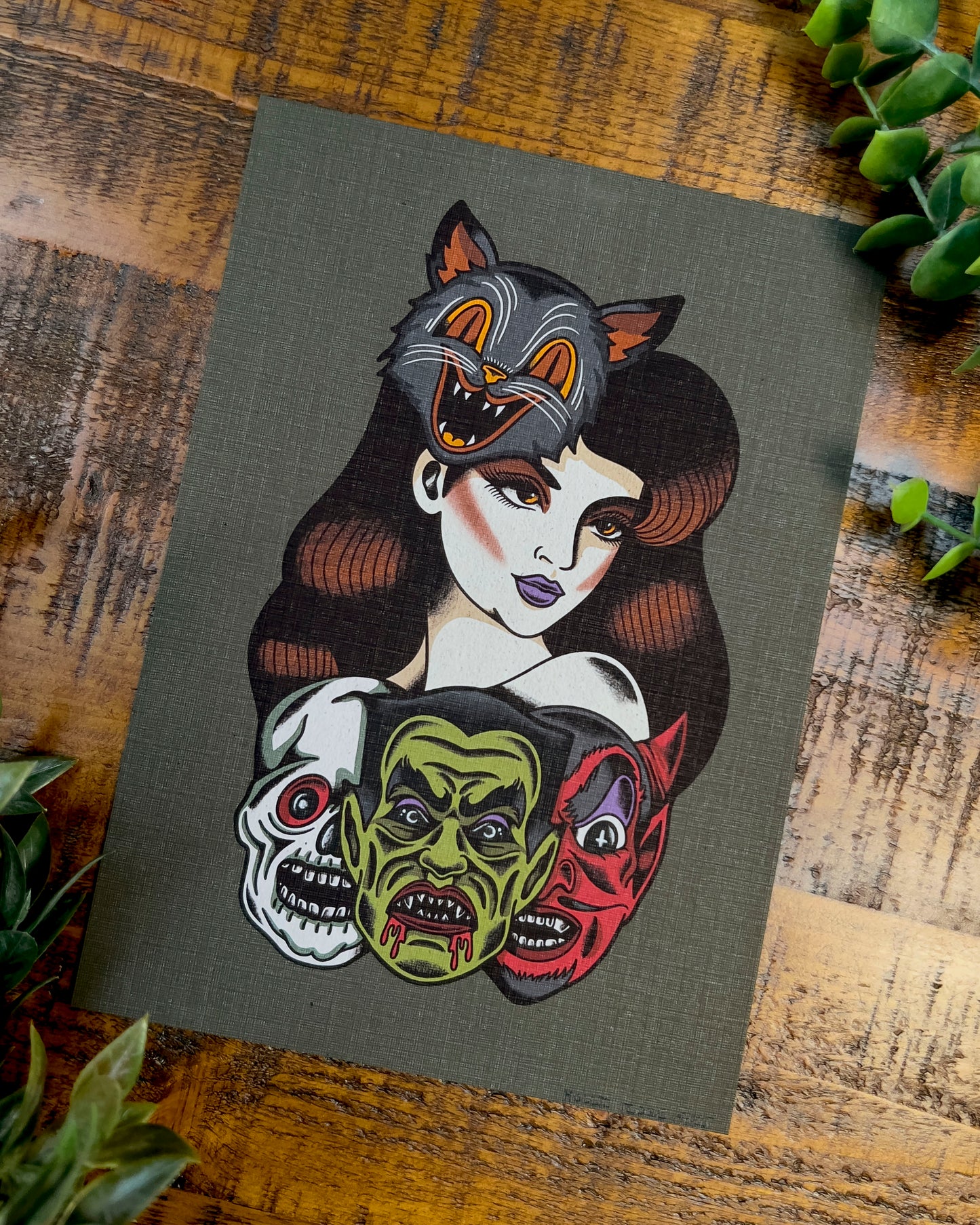 a girl with halloween masks print