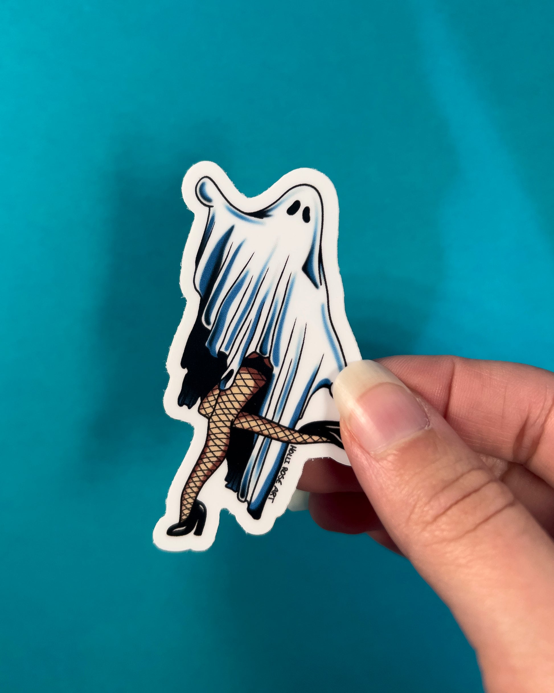 Sticker of a ghost in fishnet stockings on a teal background with flowers and leaves.