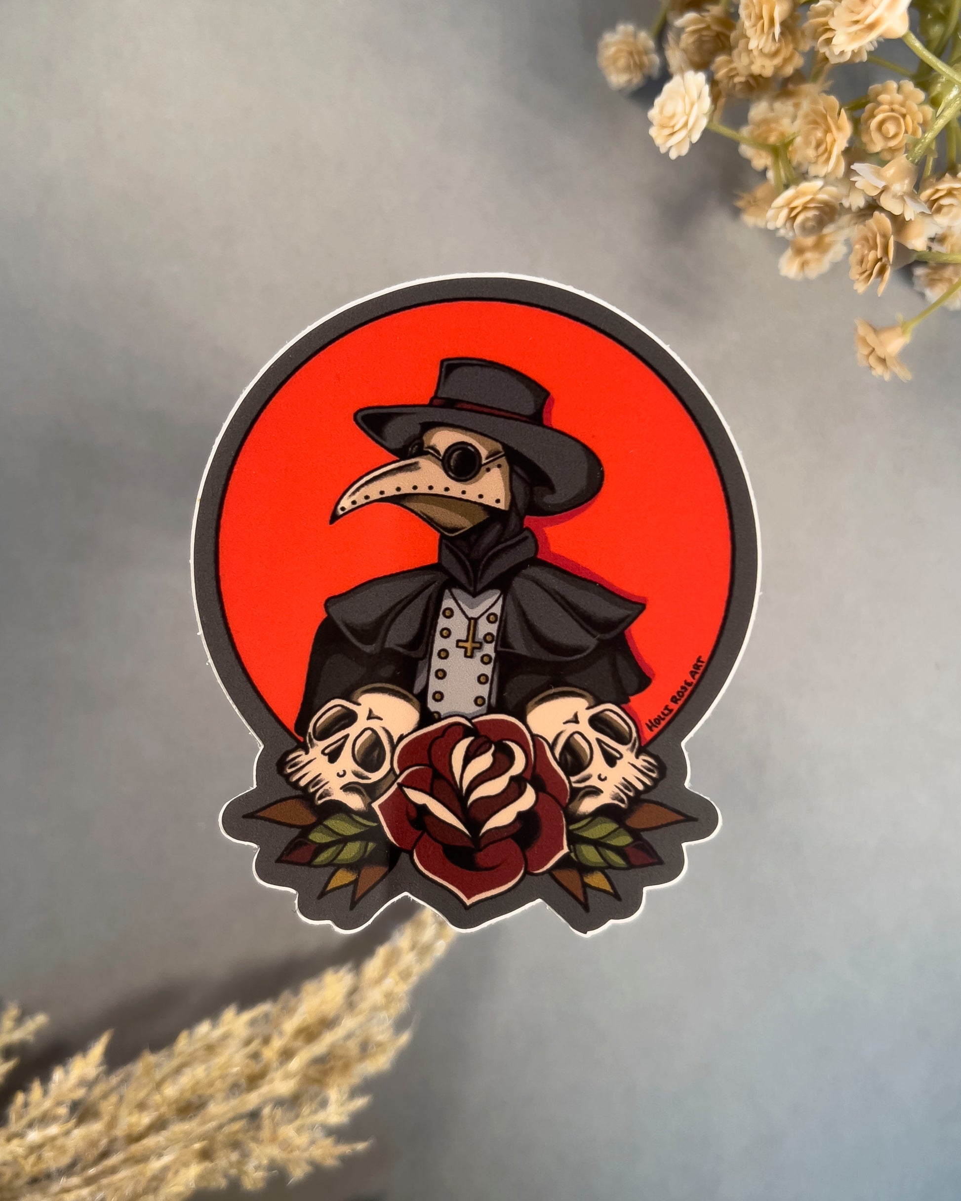 plague doctor sticker with a red circle behind it