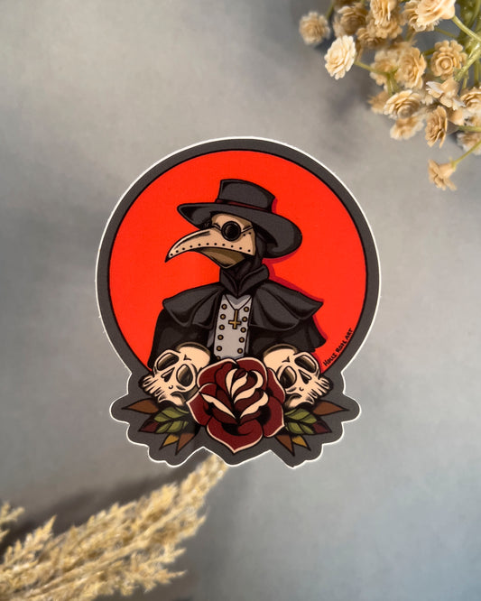 plague doctor sticker with a red circle behind it