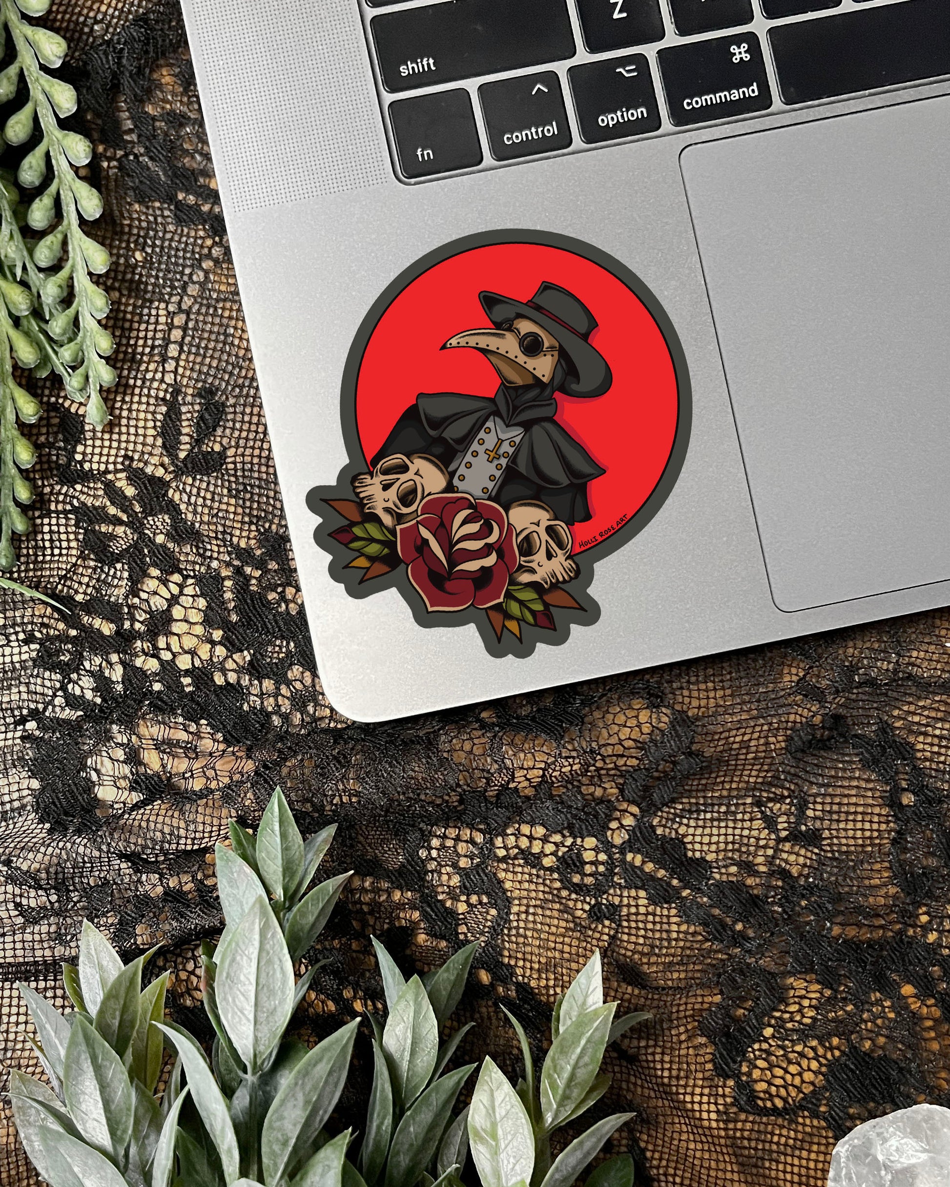 Sticker of a plague doctor with a red circle on a dark background