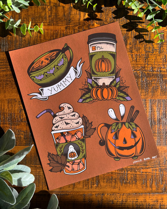 Illustrations of pumpkin-themed drinks and treats on a burnt orange background