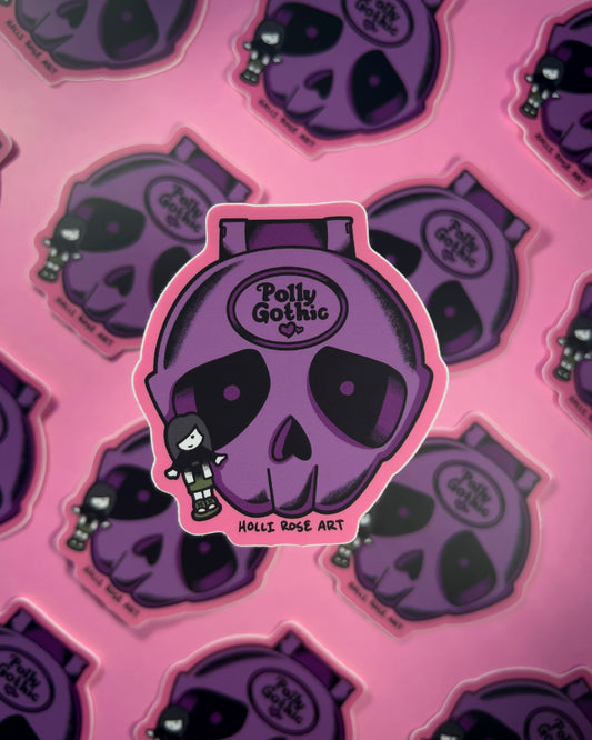 Sticker with a skull design and 'Polly Gothic' branding on a pink background.