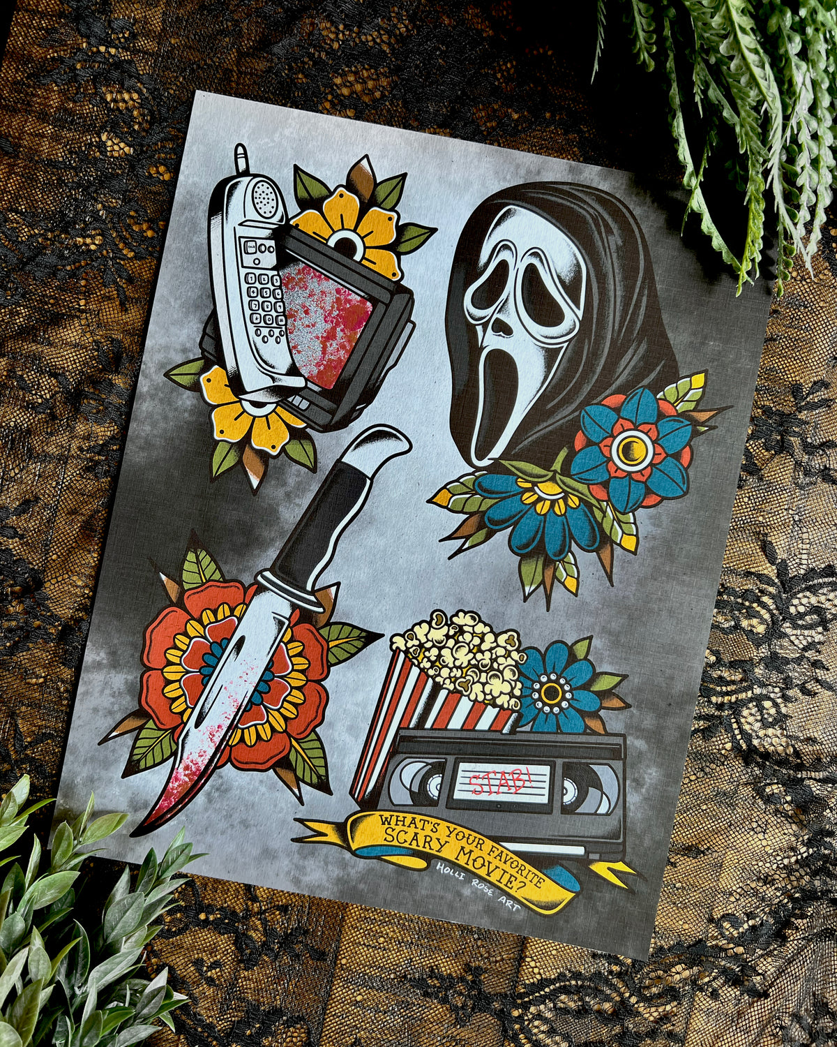 a horror movie print in black or pink