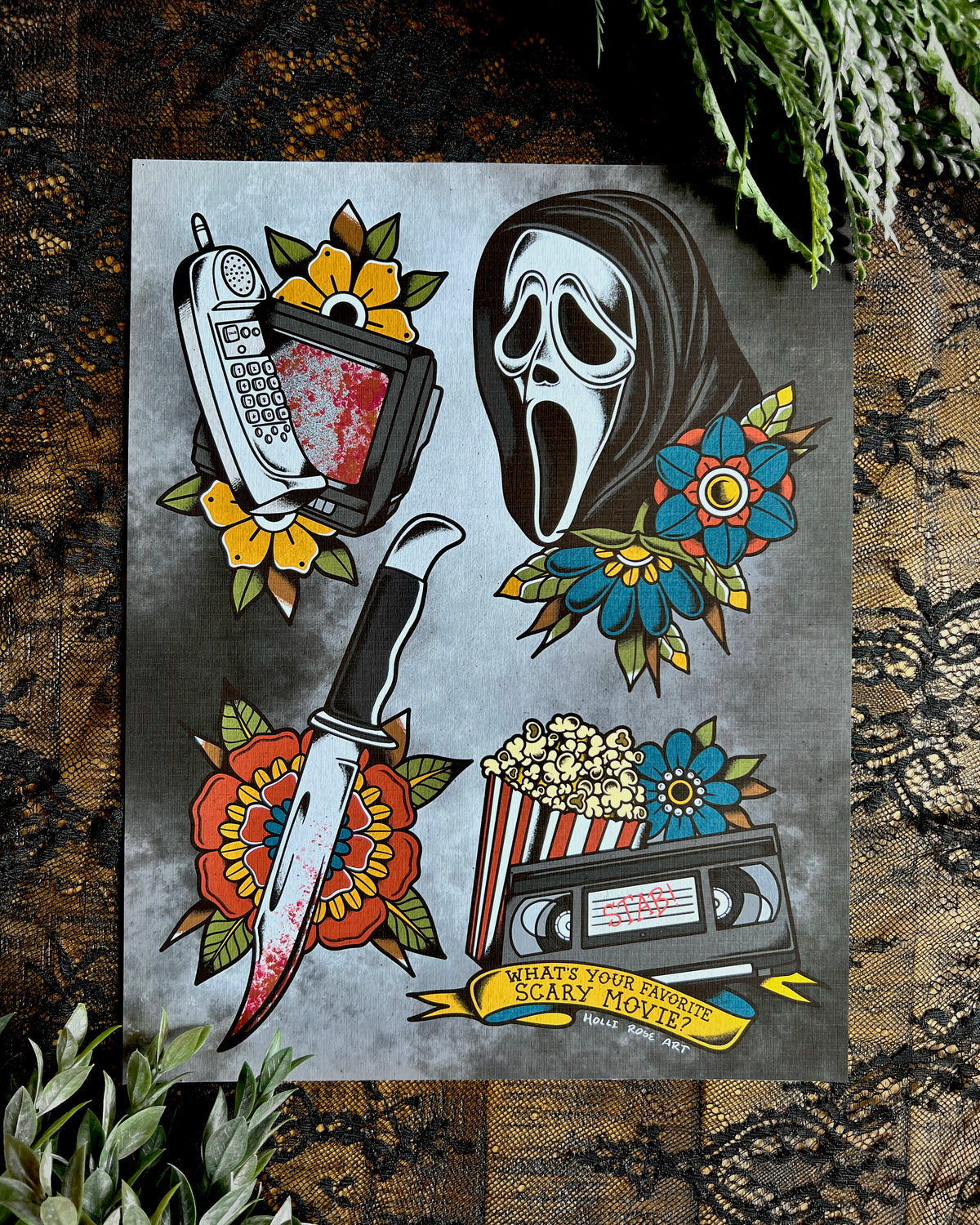 a horror movie print in black or pink