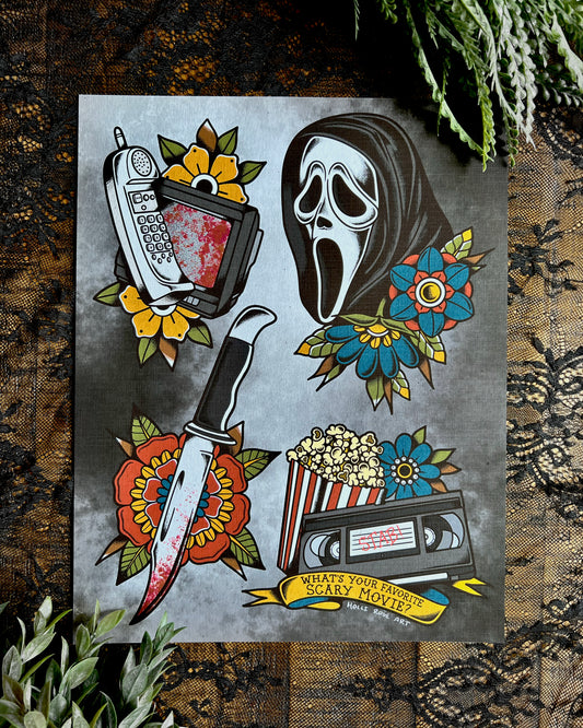 a horror movie print in black or pink