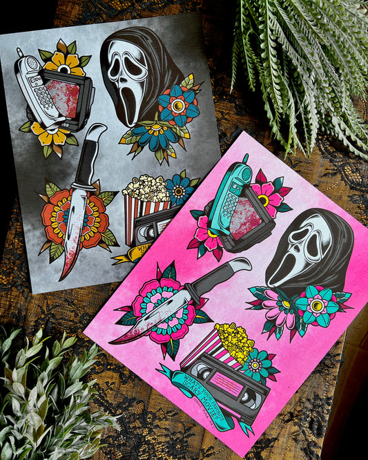 a horror movie print in black or pink