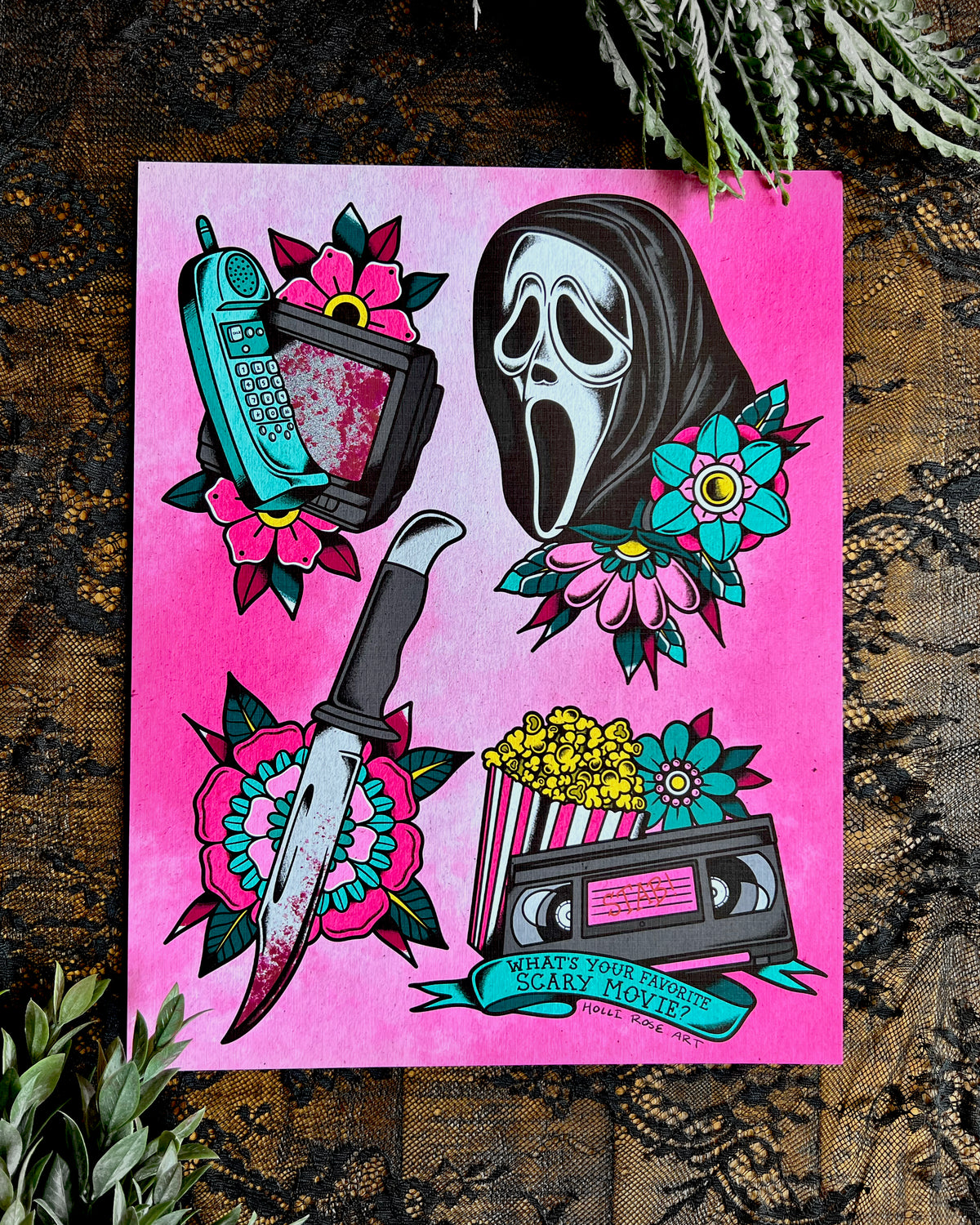a horror movie print in black or pink