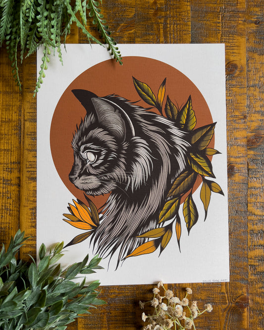 a print with a blind grey and black cat