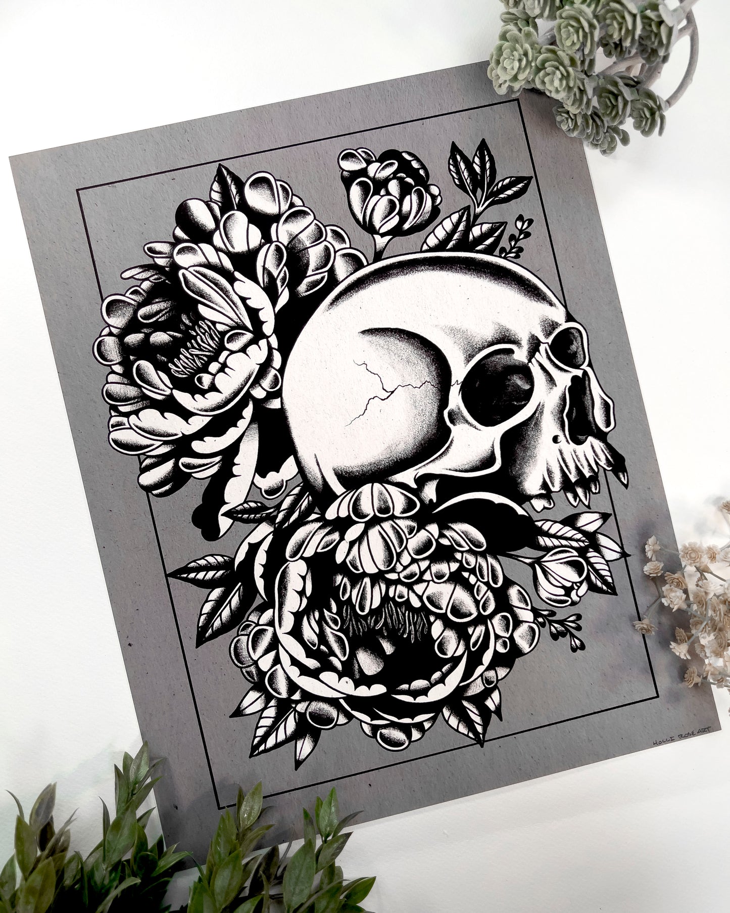 skull and flowers print