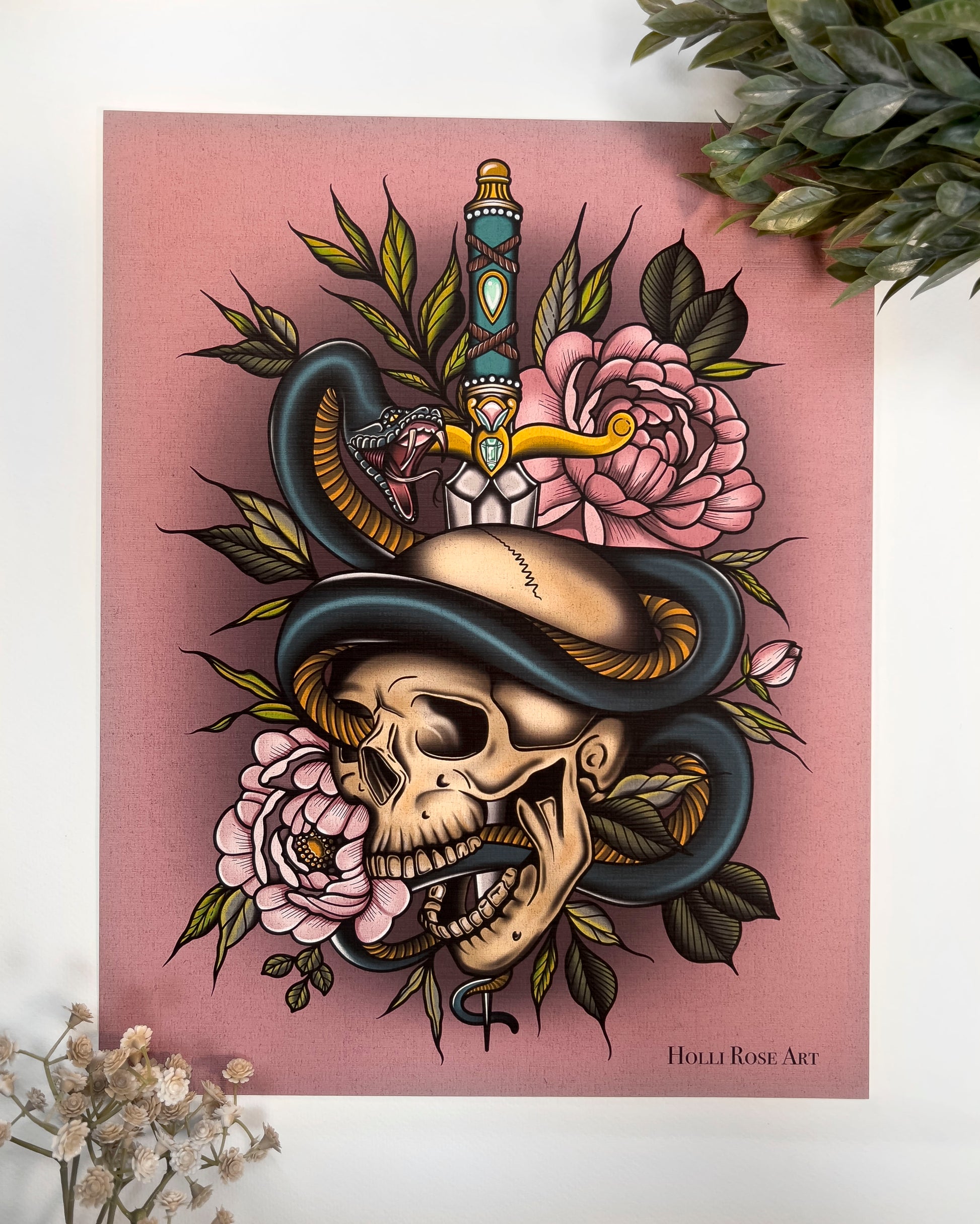 art print with a dagger, skull and snake
