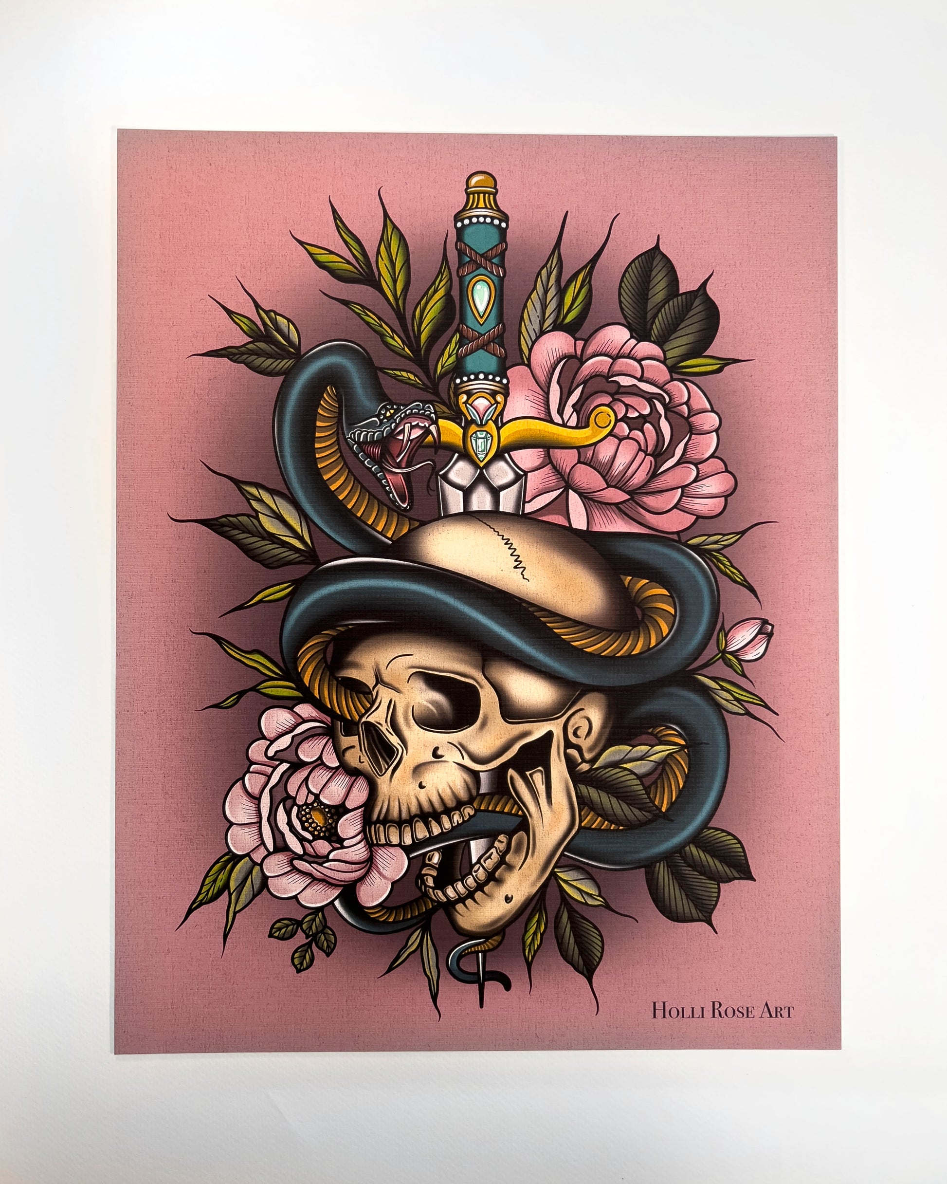 art print with a dagger, skull and snake