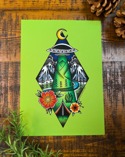 colorful alien abduction drawing with a UFO and a tent, in a tattoo style