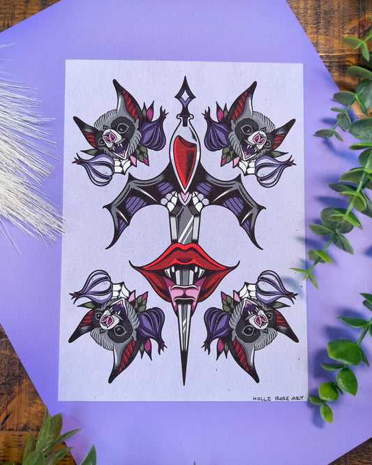 a dagger going through a vampire mouth and bats and garlic on each corner print