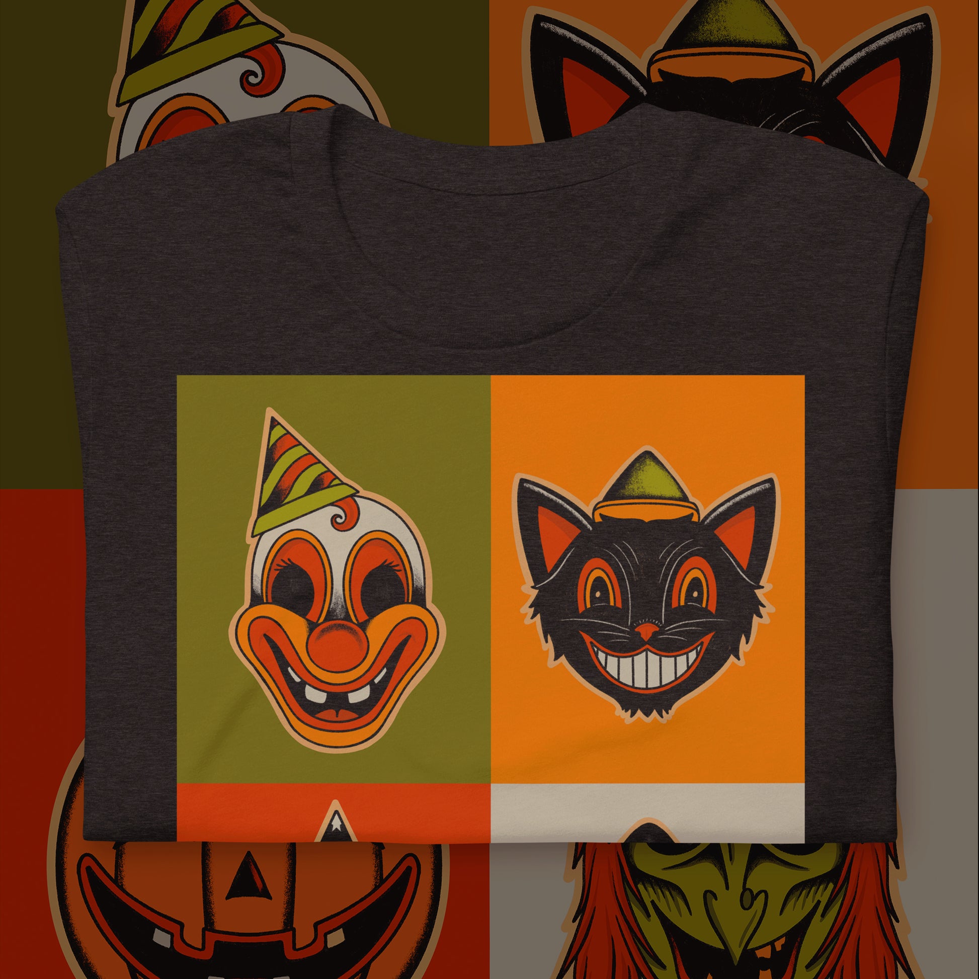 A dark grey t-shirt featuring a square arrangement of four different classic Halloween mask designs, including a pumpkin, a clown, a witch, and a cat
