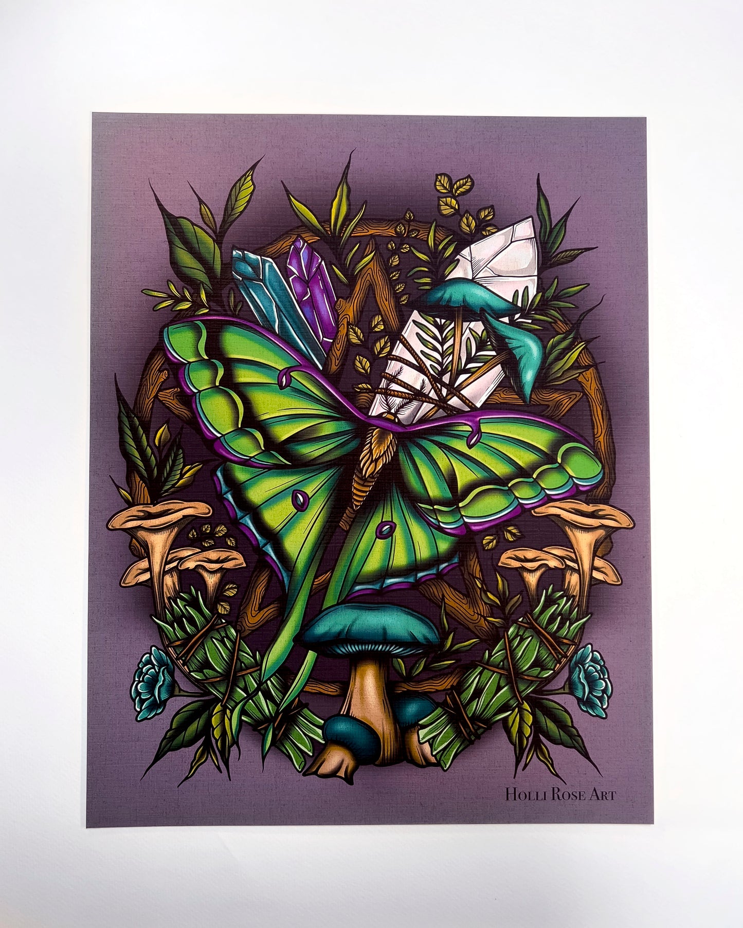 Colorful illustration of a butterfly and nature elements on a purple background